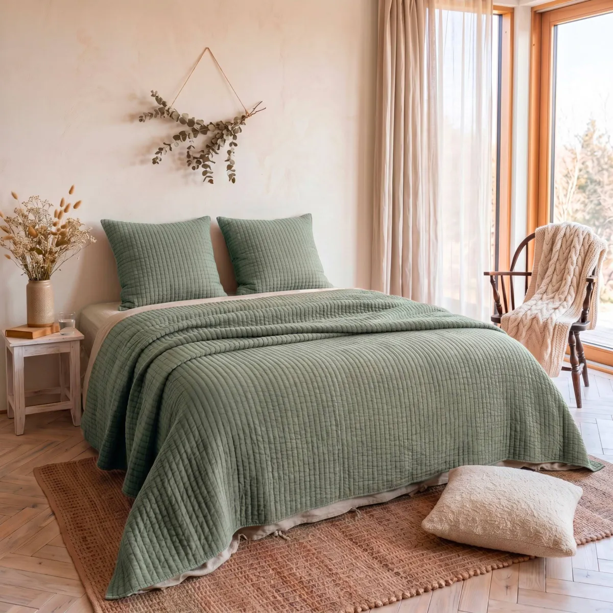 Copriletto trapuntato in cotone (240 x 220 cm) Mira Verde rosmarino