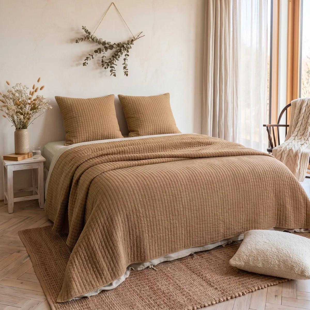 Copriletto trapuntato in cotone (240 x 220 cm) Mira Camel