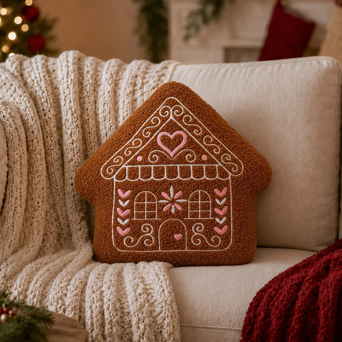 Cuscino di Natale quadrato effetto screpolato (38 x 38 cm) Casa ricamata Cioccolato