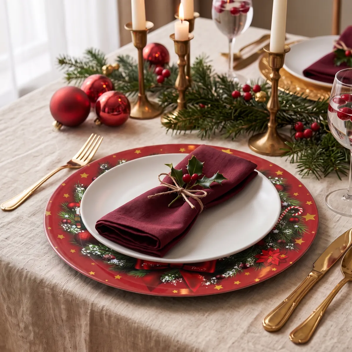 Set di 12 sottopiatti Corona di Natale Rosso