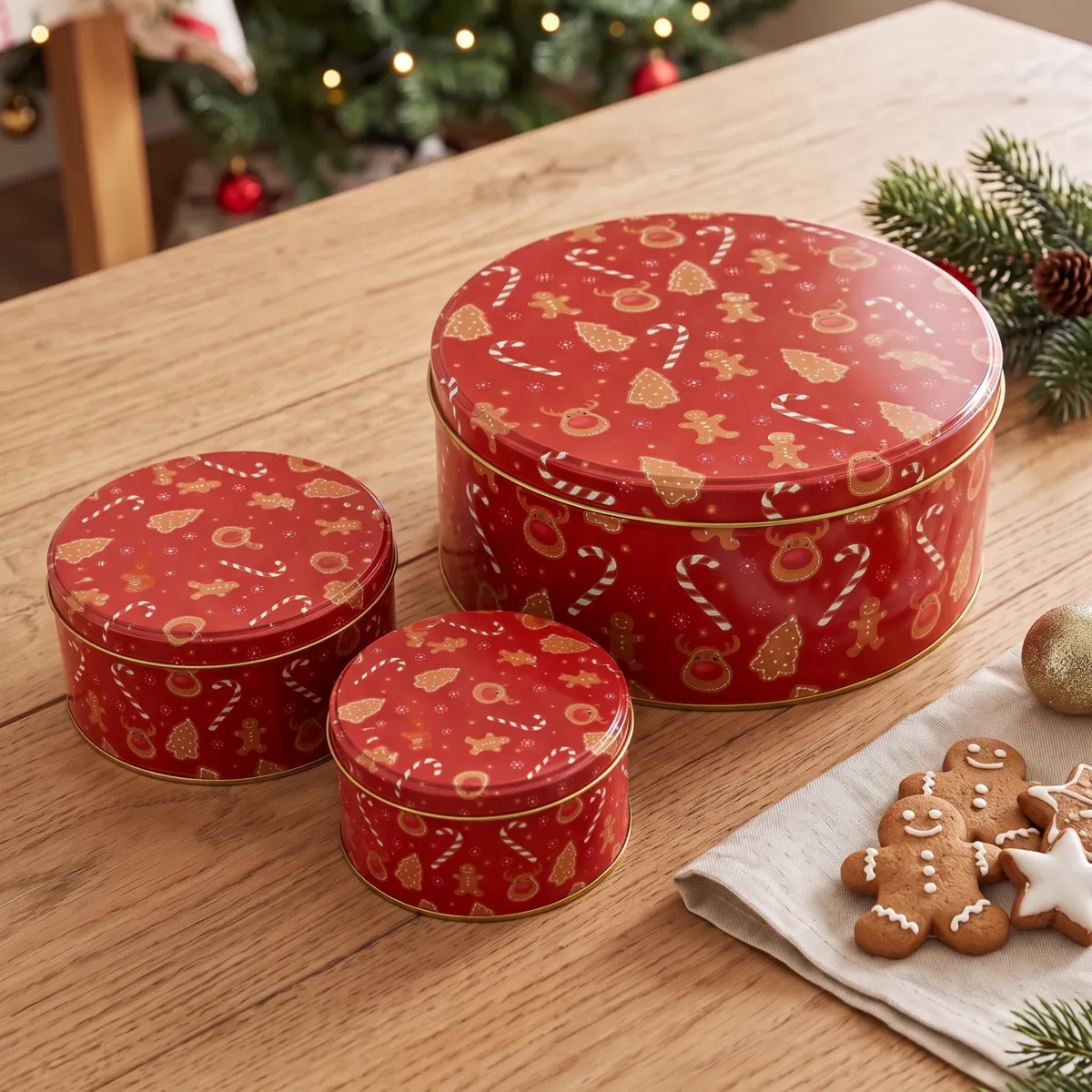 Set di 3 scatole rotonde in metallo (D20 cm) Dolcetti Rosso