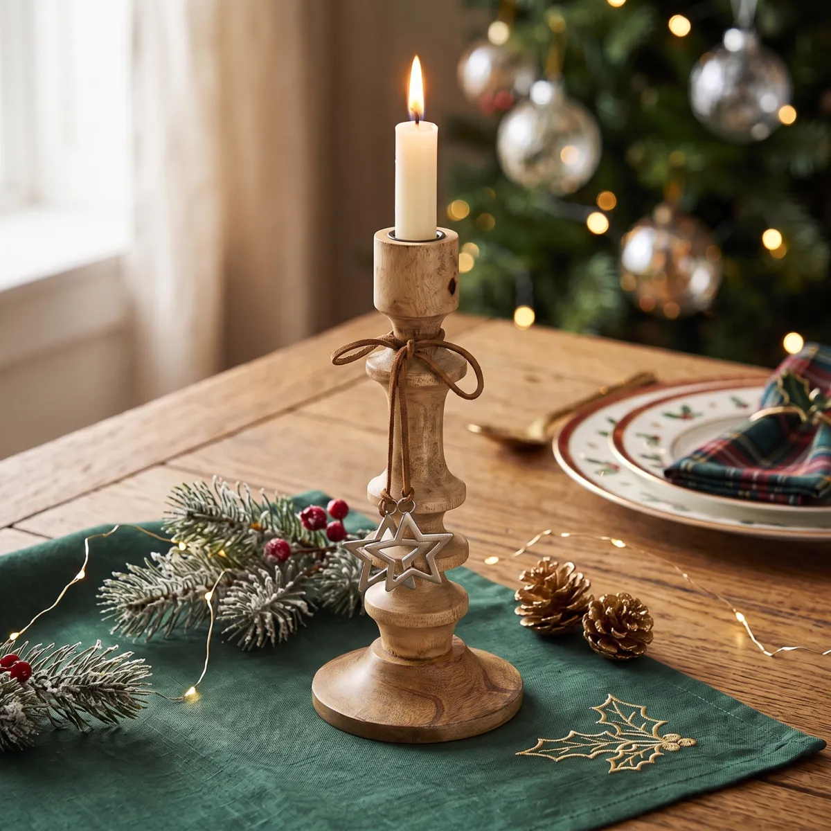 Portacandele in legno (H30 cm) Stella di Natale Naturale