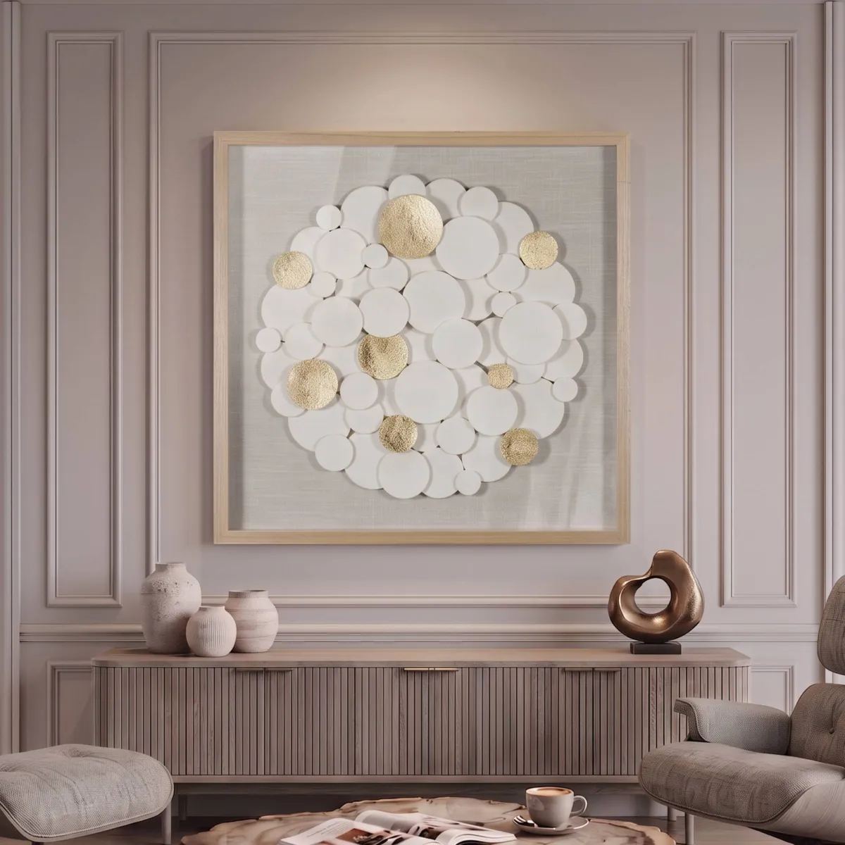 Quadro decorativo rilievo in tessuto (80 x 80 cm) Eltan rotondo Bianco