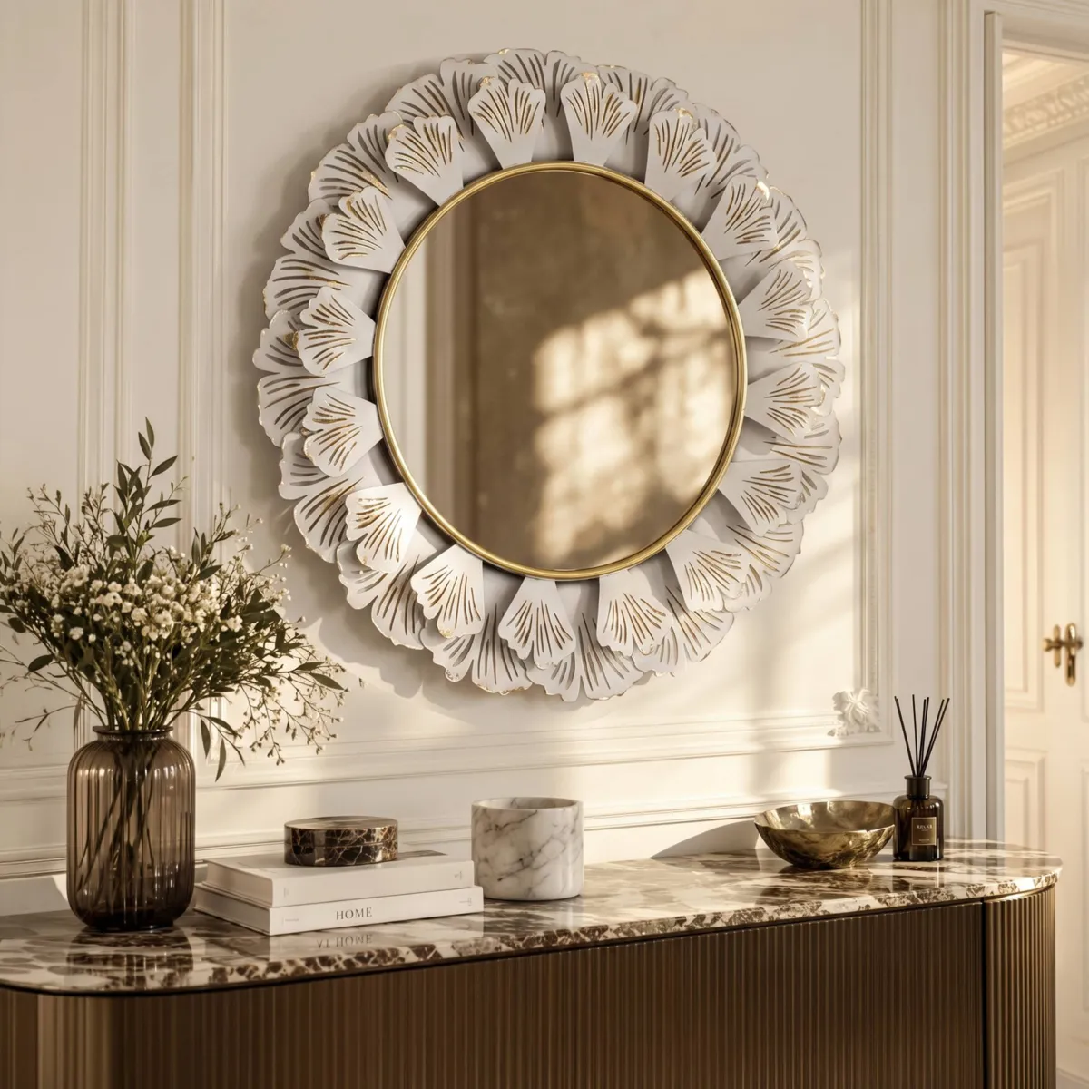 Specchio da parete in legno e metallo (D93 cm) Floreale Bianco e oro