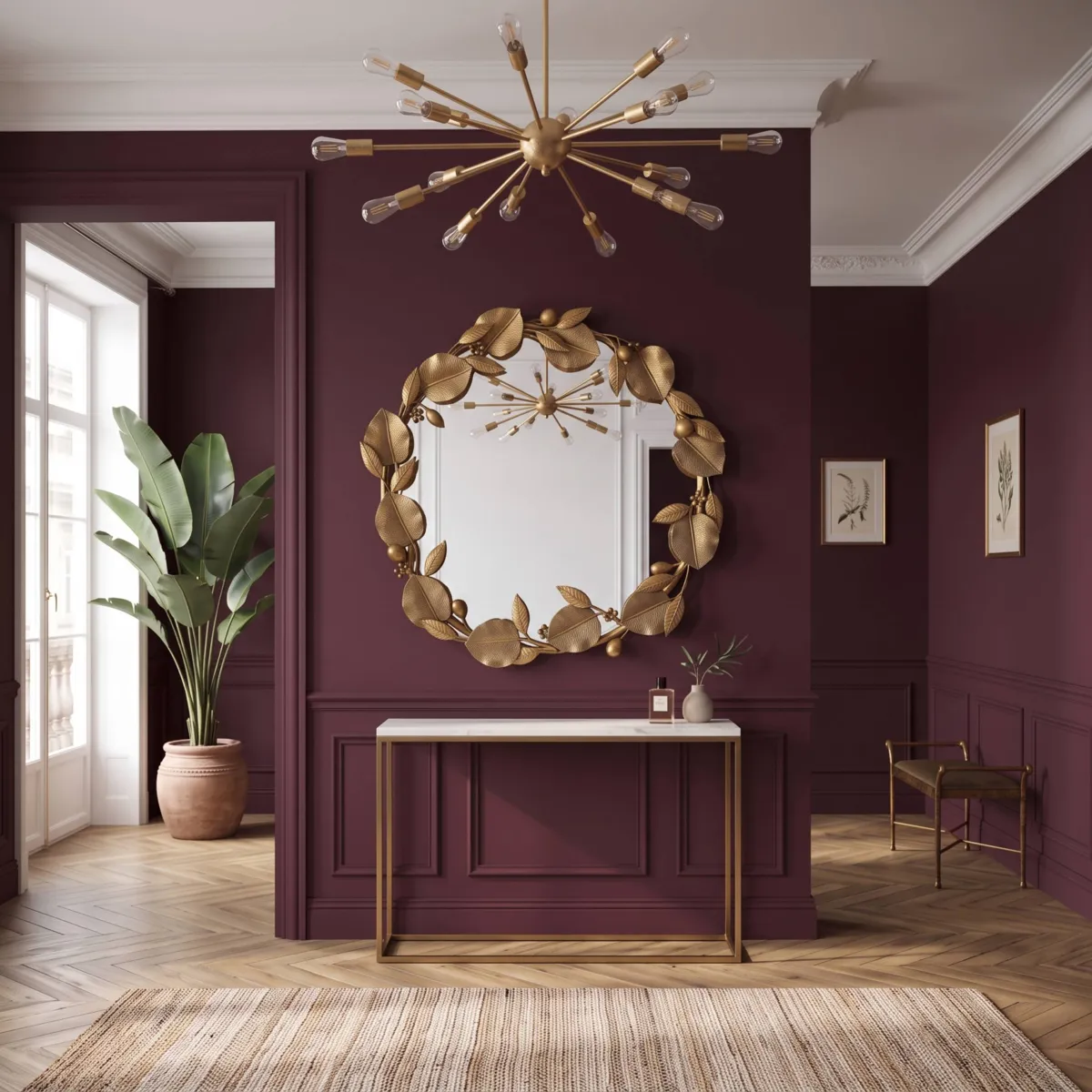 Specchio da parete in legno e metallo (H78 cm) Eleganza Botanica Oro