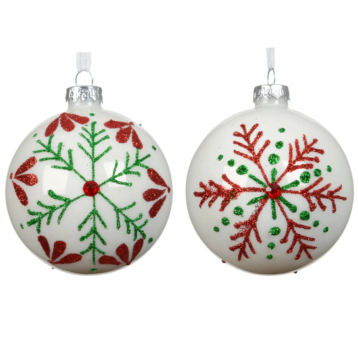 Set di 3 palline di natale in vetro (D80 mm) Fiocco d'inverno Bianco, rosso e verde