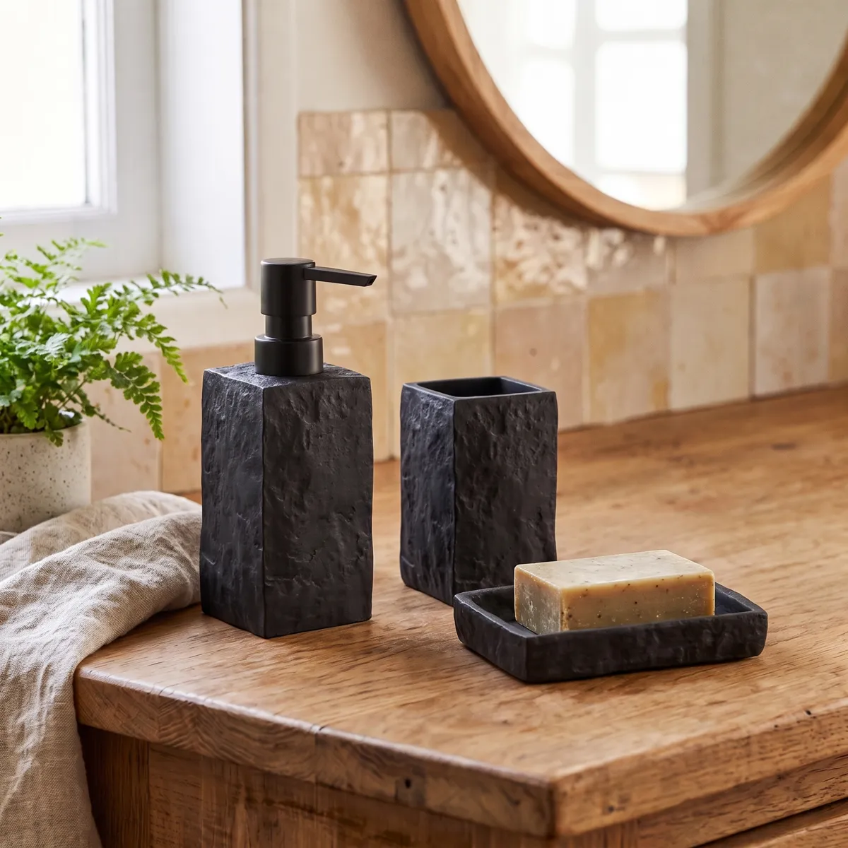 Set di accessori per il bagno effetto pietra Nero