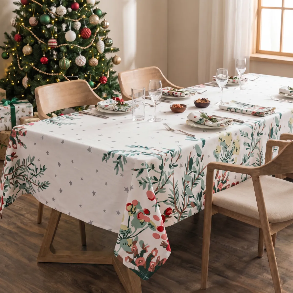Tovaglia di Natale rettangolare (140 x 240 cm) Natale Natura Bianco