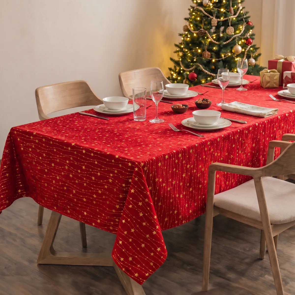 Mantel de Navidad rectangular (140 x 240 cm) Lluvia de estrellas Rojo y dorado