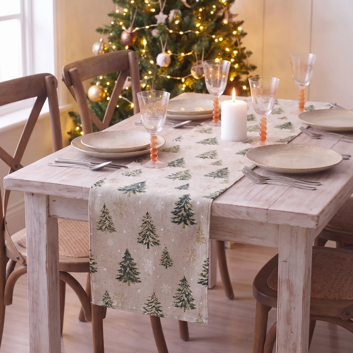 Runner da tavolo Natale in cotone (200 x 28 cm) Alberi di Natale Beige, verde e dorato