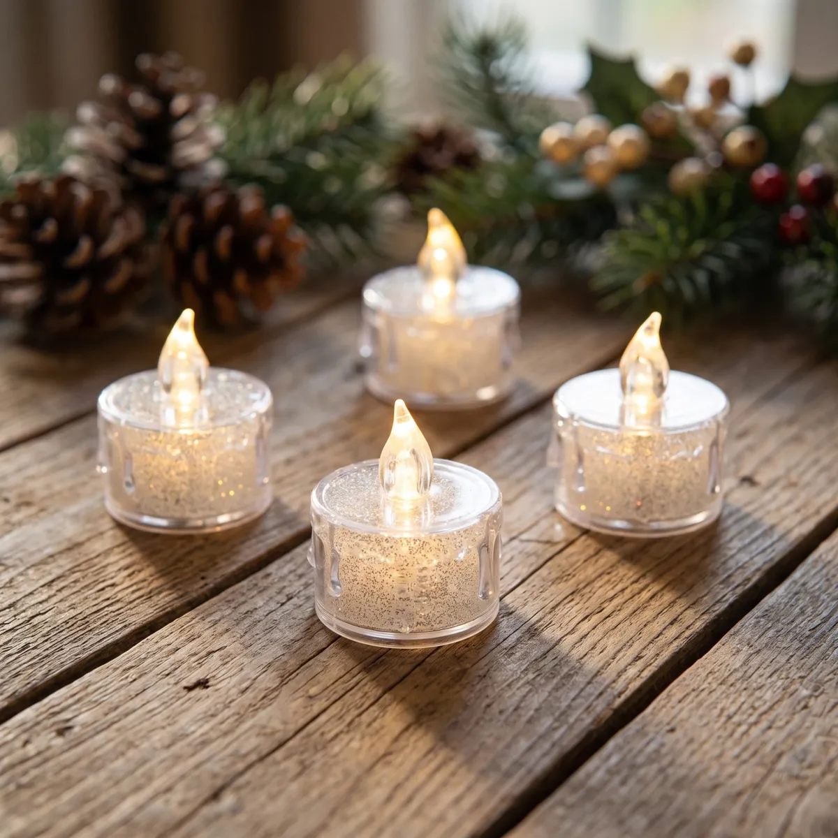 Lote de 4 velas LED de té Transparentes y con purpurina