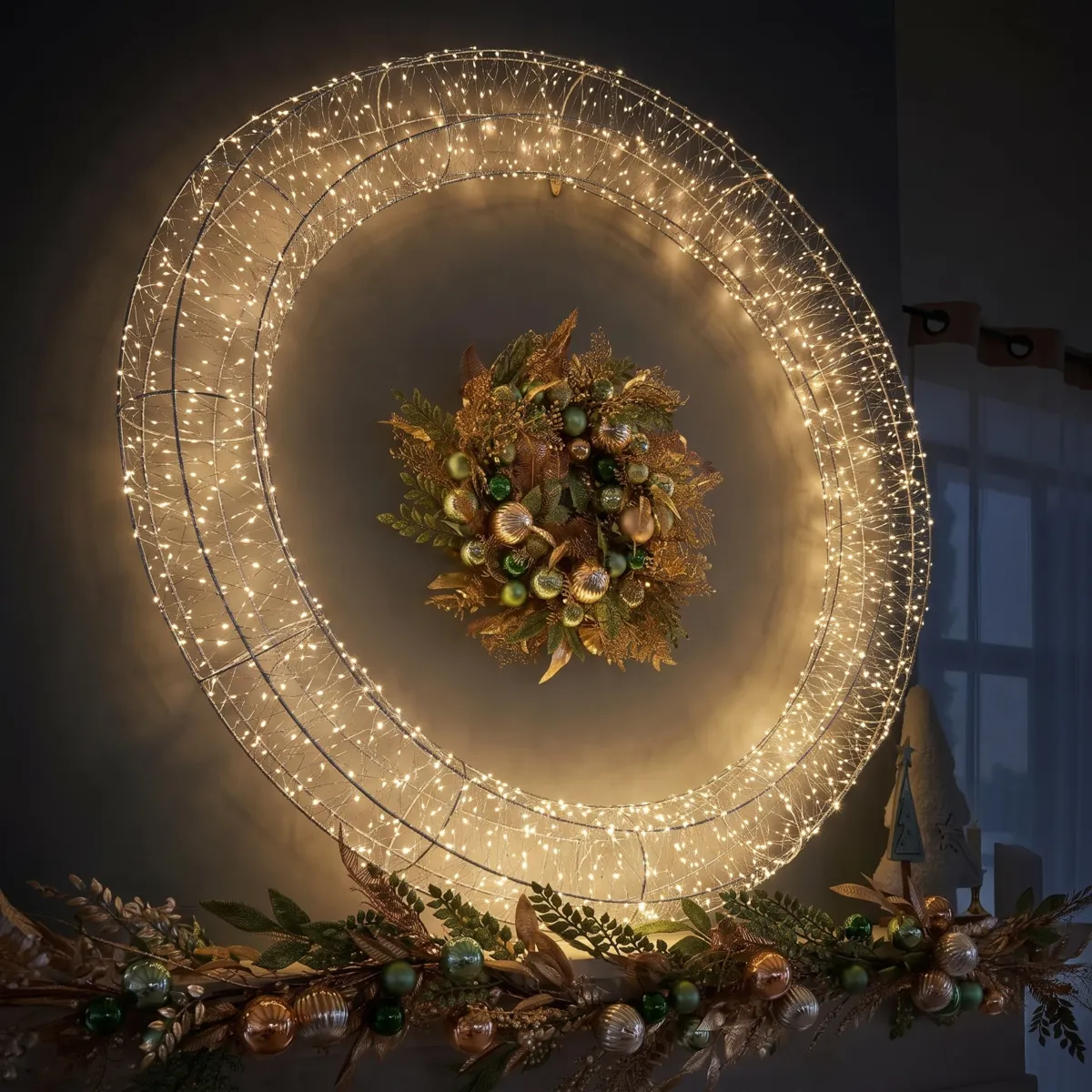 Riesiger Beleuchteter Weihnachtskranz Micro 1800 LED (D116 cm) Silberglanz und Warmweiß - Kränze & Zweige