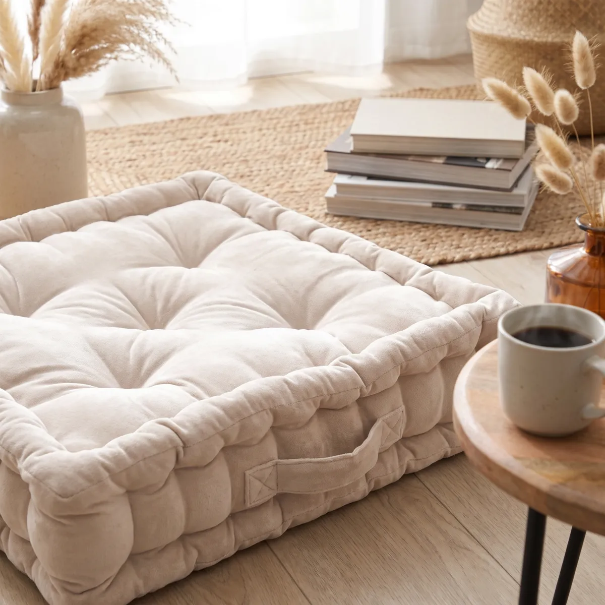 Coussin de sol carré velours de coton (50 x 50 cm) Victor Beige pampa