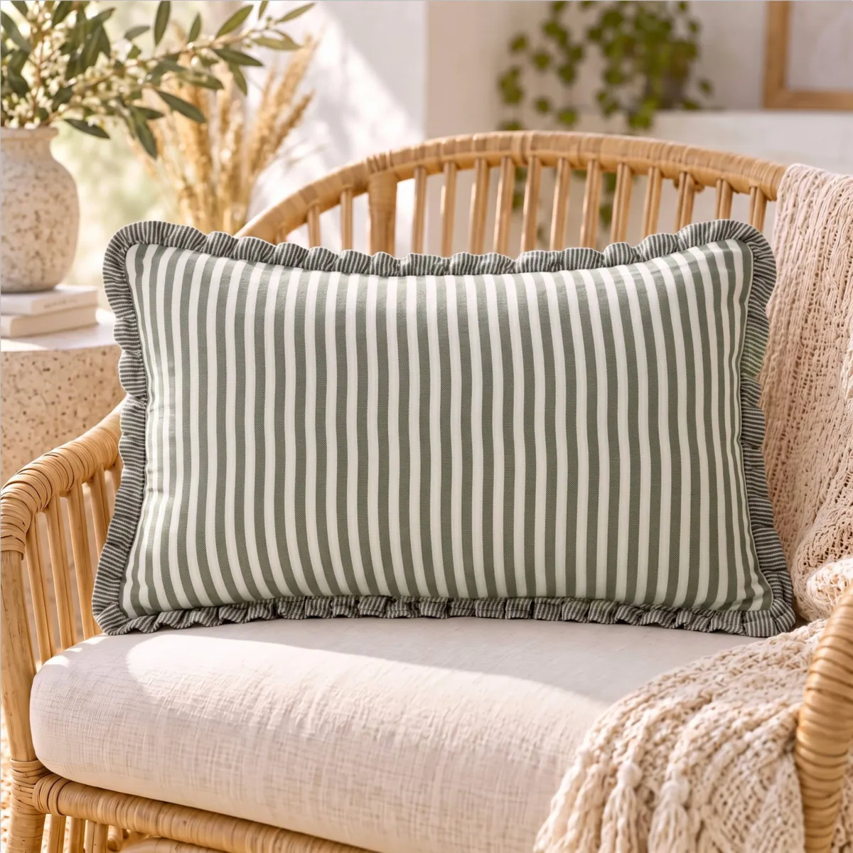 Cojín rectangular de gasa de algodón (40 x 60 cm) Gaïa rayas Verde romero 