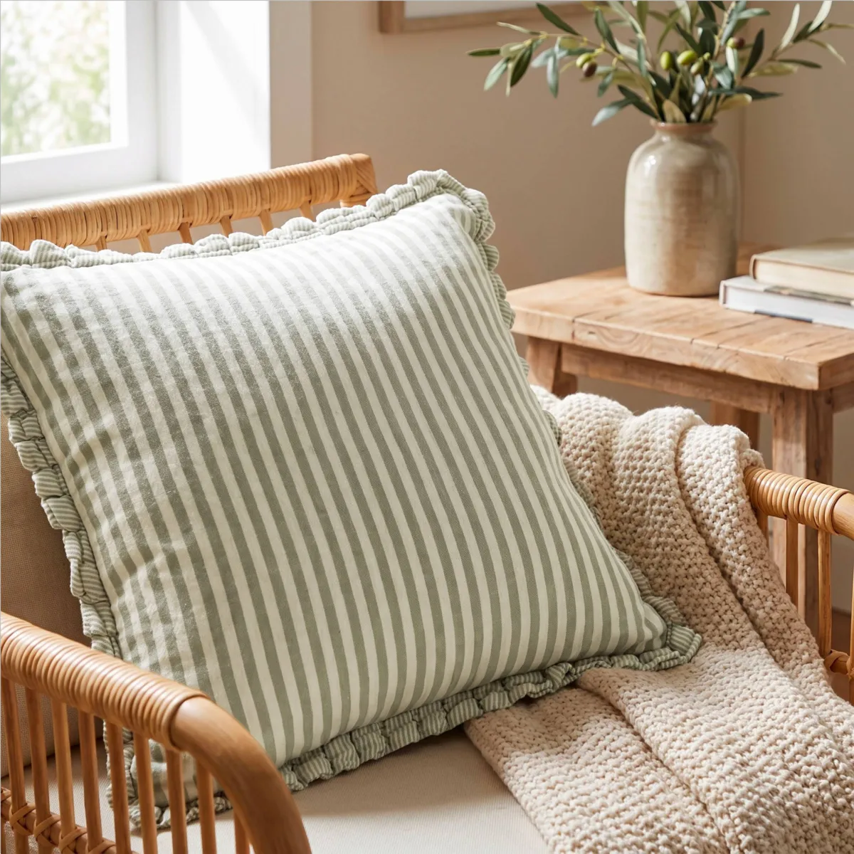 Coussin carré gaze de coton (45 x 45 cm) Gaïa rayures Vert eucalyptus 