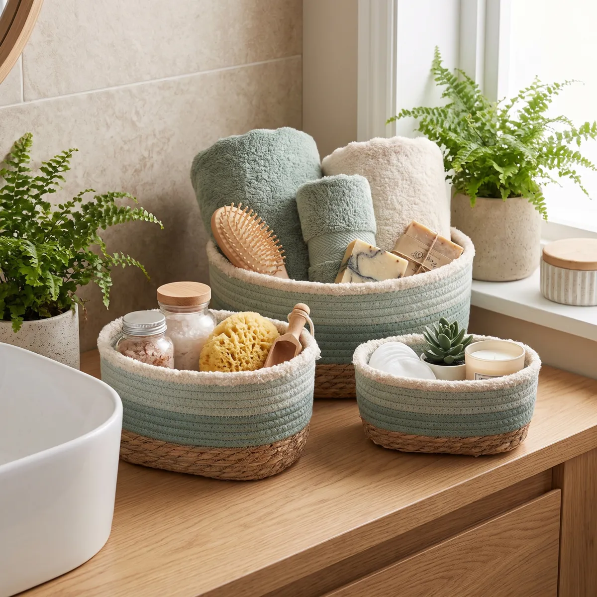 Set aus 3 geflochtenen Aufbewahrungskörben (H13,5 cm) Jeanne Rosmaringrün