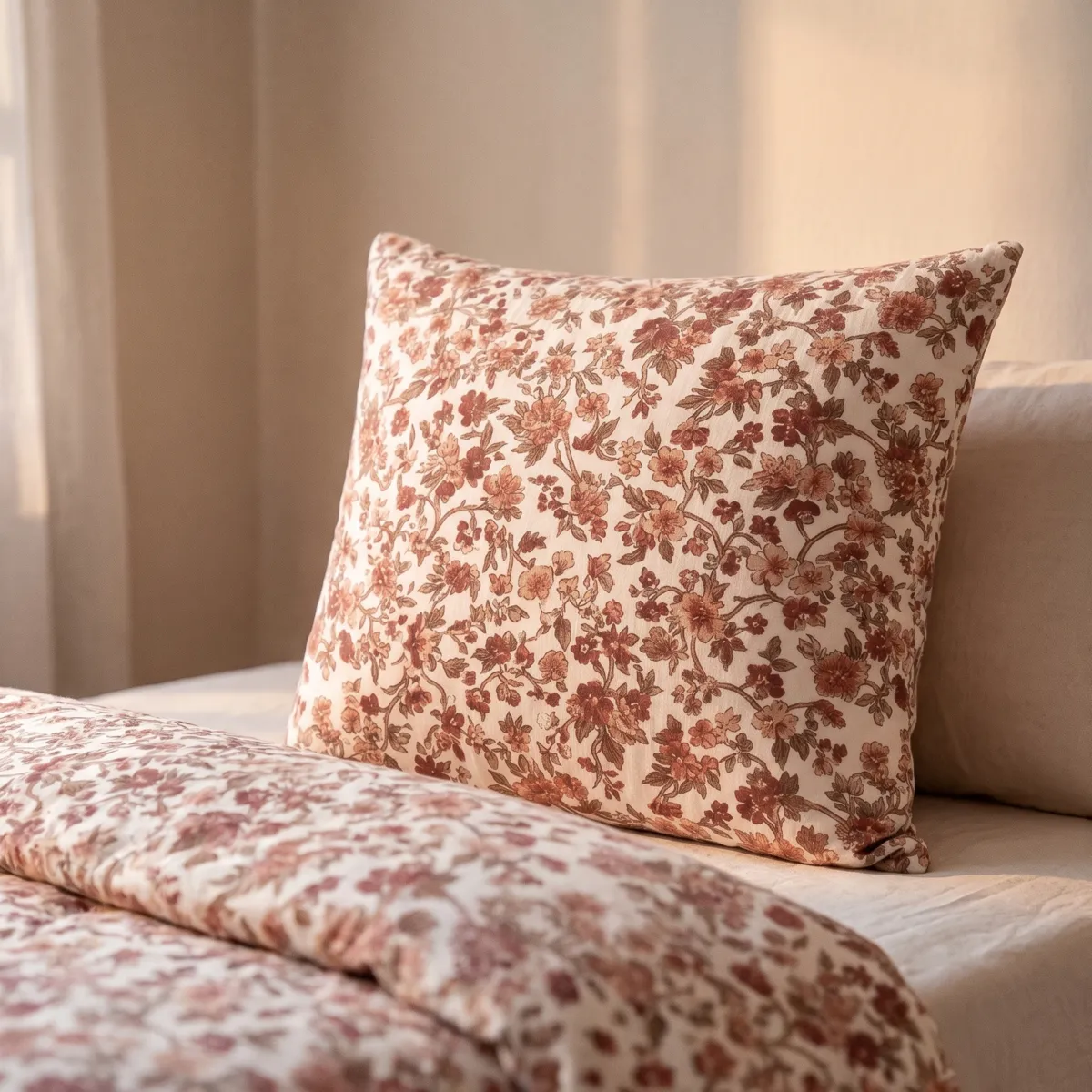 Quadratischer Kopfkissenbezug Baumwoll-Musselin (60 x 60 cm) Gaïa Dahlia Camel