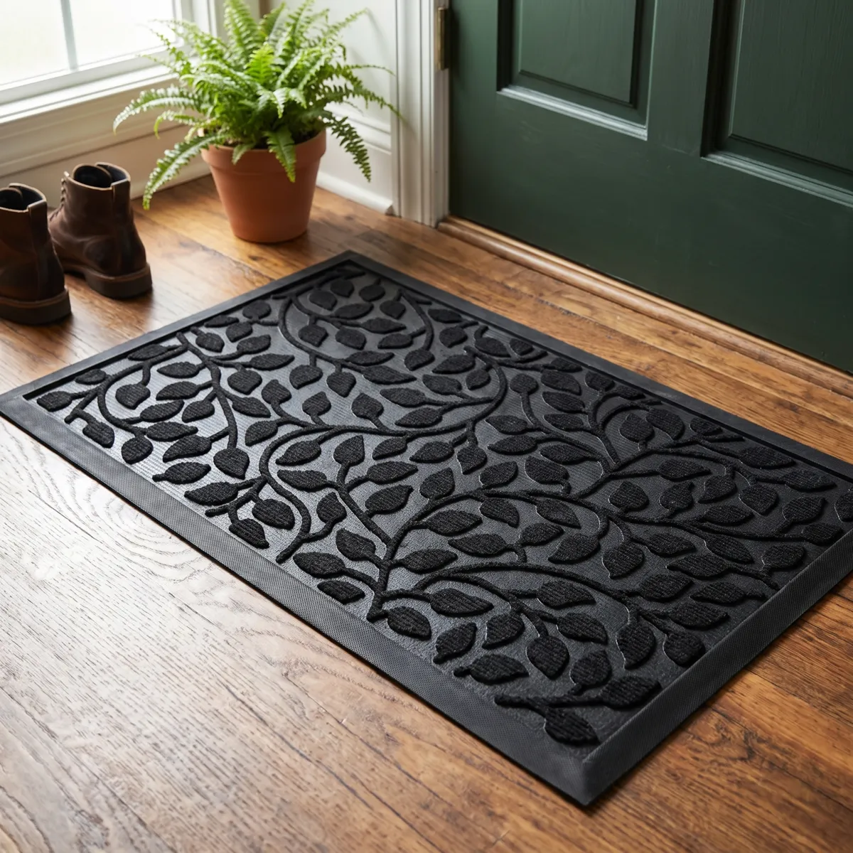 Tapis d'entrée antidérapant (45 x 75 cm) Feuillage Noir