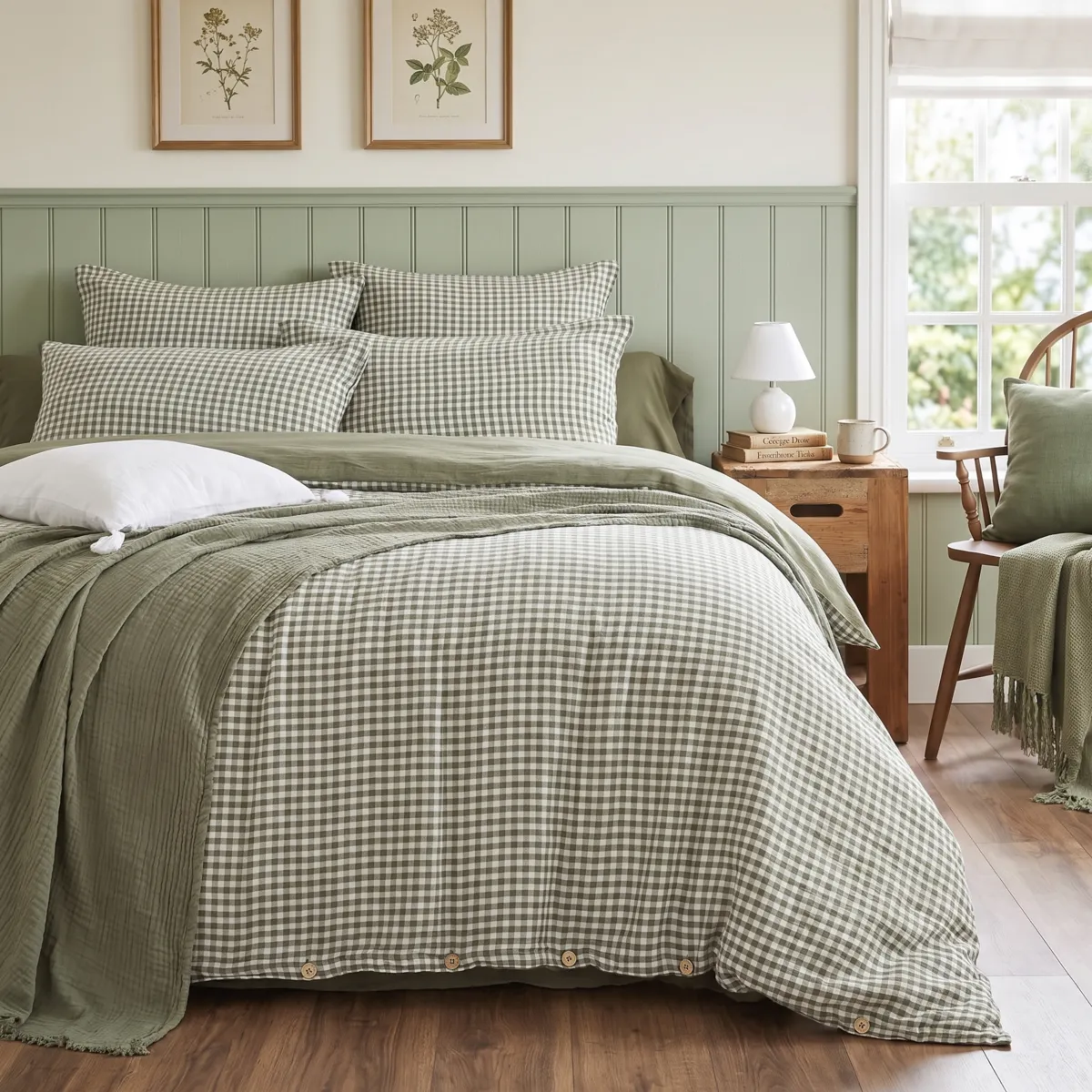 Housse de couette gaze de coton (260 x 240 cm) Gaïa vichy Vert romarin