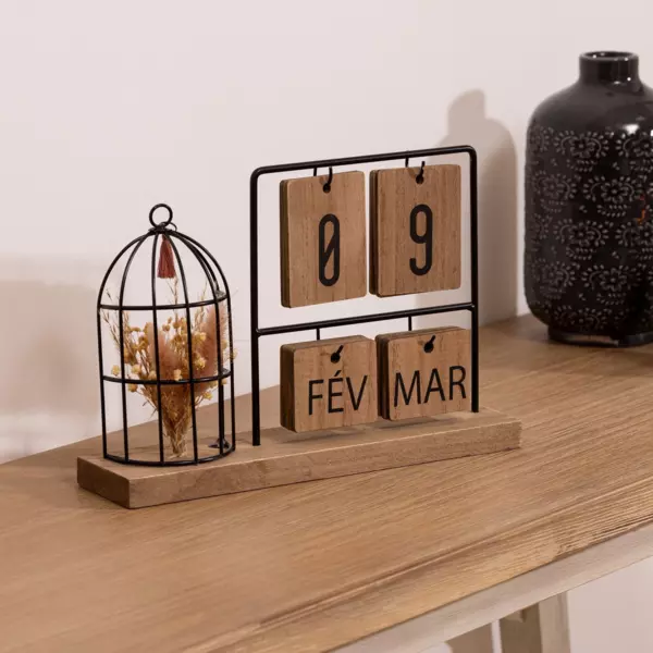 Eeuwigdurende kalender hout en metaal Beige