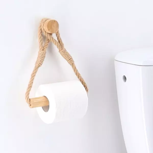 Zelfklevende bamboe en touw toiletpapierhouder Easy Chic Naturel