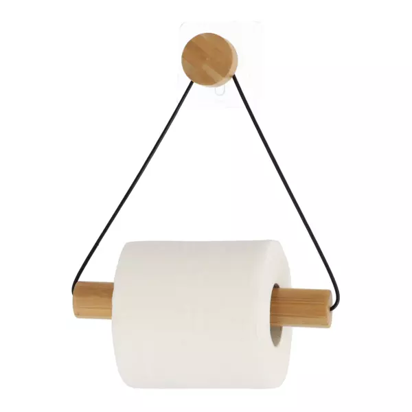 Zelfklevende toiletpapierhouder van metaal en bamboe Easy Chic Zwart