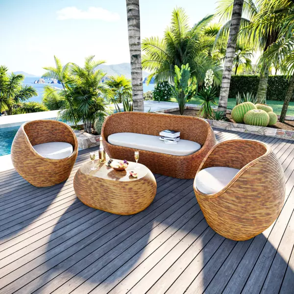 Lounge-Set aus Rattan Trinidad Naturel/Beige - 4-teilig