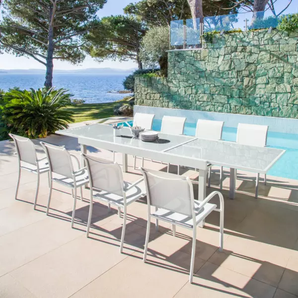 Table de jardin extensible en verre 10 places (135/270 x 90 cm) Murano Blanc