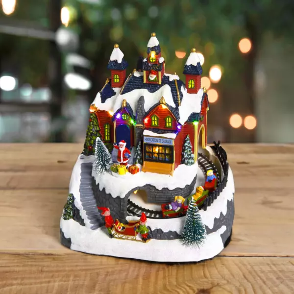 Beleuchtetes Weihnachtsdorf mit Musik Werkstatt & Eisenbahn Batteriebetrieben