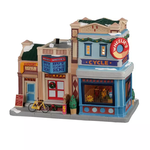 Villagio di Natale Lemax luminoso Bottega di bici e pattini a rotelle
