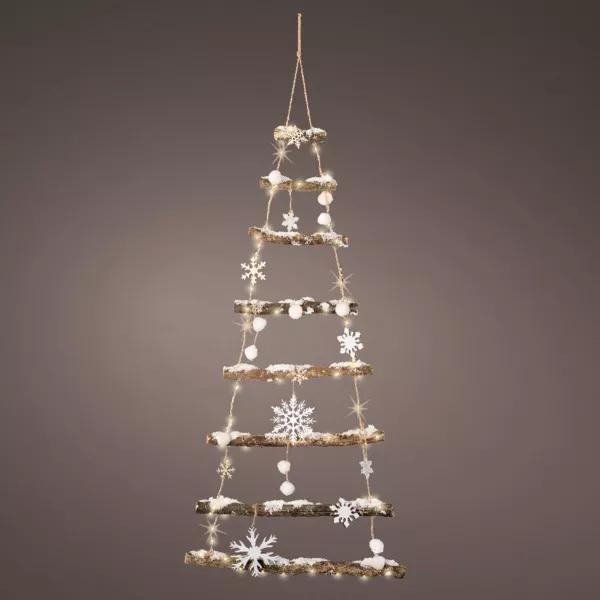 Kerstboom van hout met sneeuw en sneeuwvlokken (batterij) hangdecoratie Warm wit