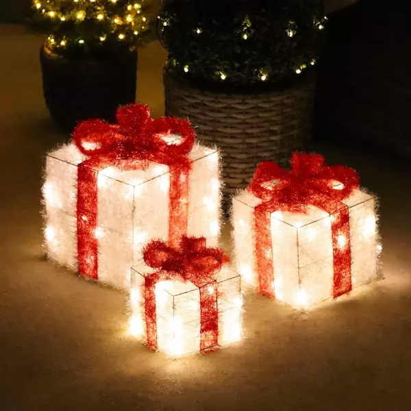 Lot de 3 cadeaux lumineux � piles 65 LED (H30 cm) Ruban Rouge et Blanc chaud