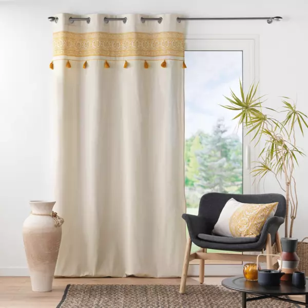 Rideau oeillets pompons (140 x 240 cm) Isalina Jaune