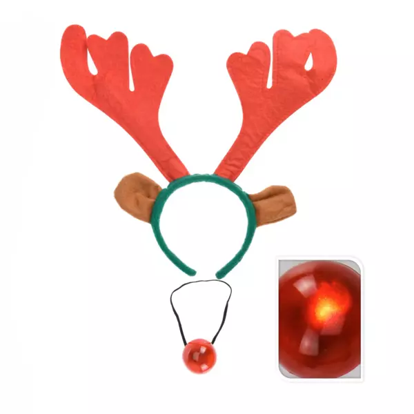 Serre-tête et nez lumineux Renne de Noël Rouge