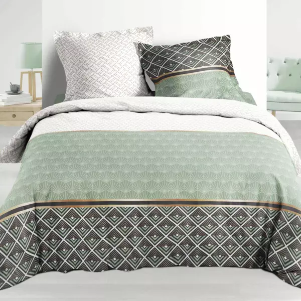 Housse de couette et deux taies percale de coton (260 x 240 cm) Belor Verte