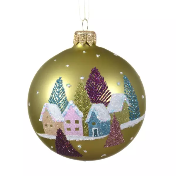 6er Set Weihnachtskugeln (D80 mm) aus Glas verschneite H�user Pistaziengr�n