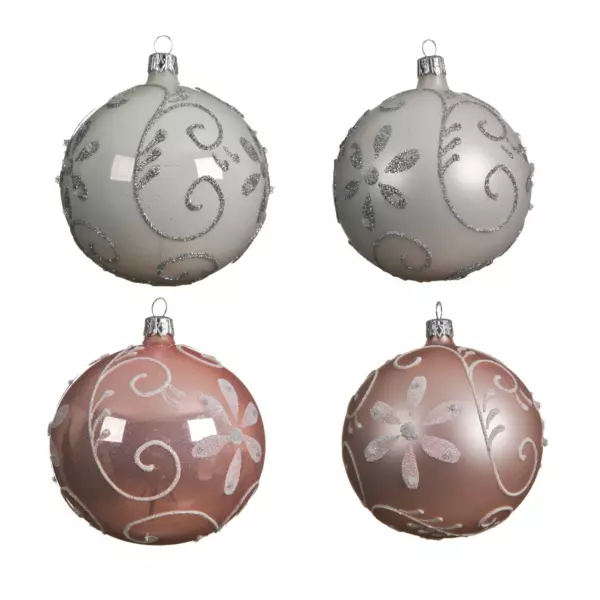 Set di 4 palline di Natale vetro (D100 mm) Floris Bianco e rosa