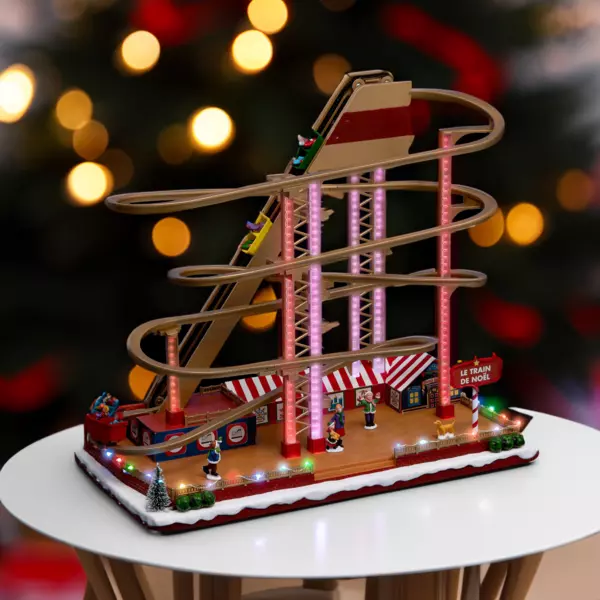 TIN DREAMS Kleine kerstcarrousel met beweging, muziek en ledverlichting, muzikale draaimolen, kerstdorp, kleine stad, miniatuur, verlichte geanimeerde scène, woondecoratie