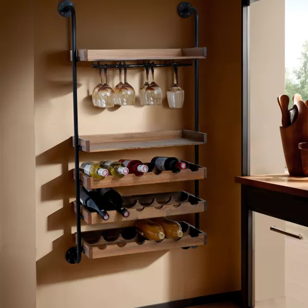 V�gh�ngt vinreol i tr� og metal med 18 pladser og glasholder (H120 cm) Isaac Brun