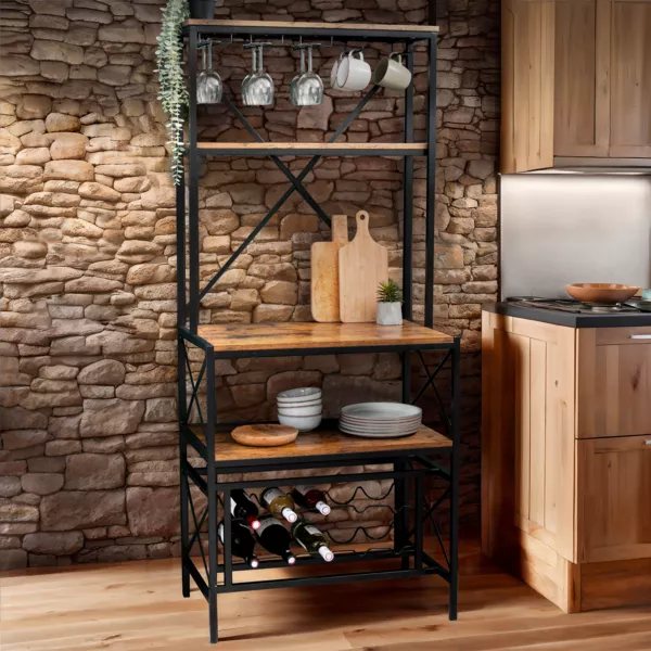 Meuble range-bouteilles industriel 10 emplacements et porte-verres (H178 cm) Léon Marron