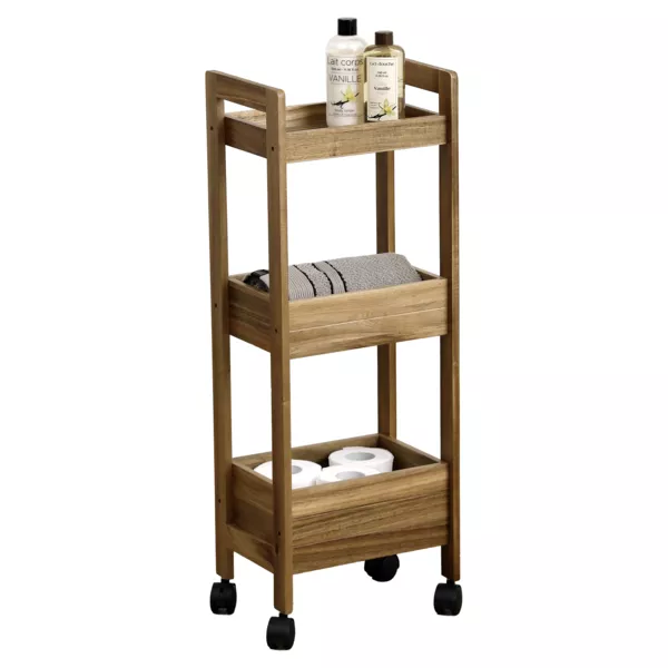 Desserte � roulettes 3 niveaux bois d'acacia (H79 cm) Lina marron