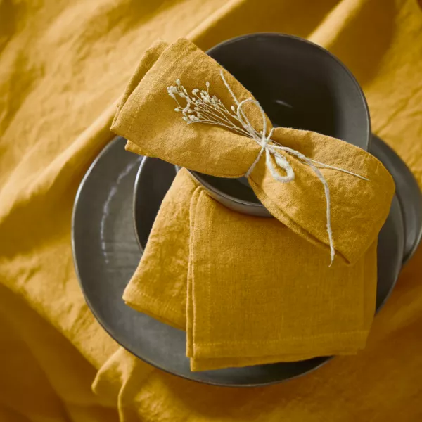 Lot de 3 serviettes lin lav� (40 x 40 cm) Louise Jaune moutarde