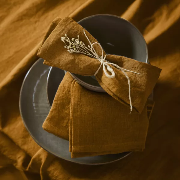 Lot de 3 serviettes lin lav� (40 x 40 cm) Louise Caramel