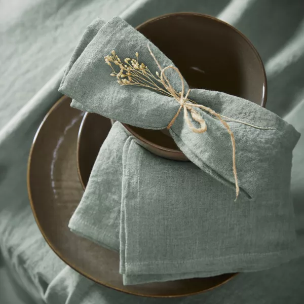 Lot de 3 serviettes lin lav� (40 x 40 cm) Louise Vert eucalyptus