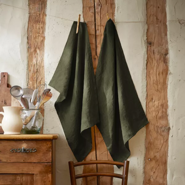 Lot de 2 essuie-mains lin lav� (50 x 70 cm) Louise Vert romarin