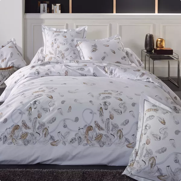 Housse de couette percale de coton (260 x 240 cm) Plumes Grise
