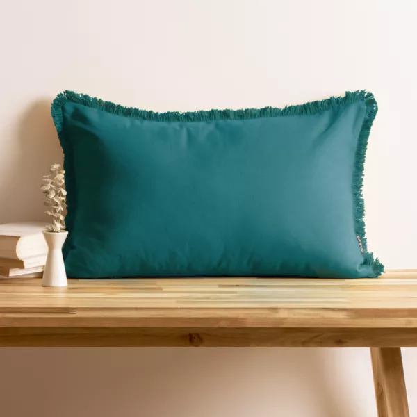 Coussin rectangulaire coton (40 x 60 cm) Pixel franges Bleu canard