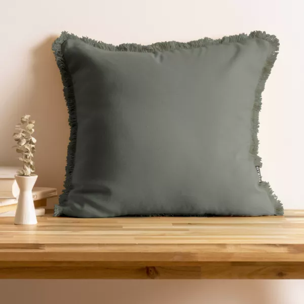 Cuscino quadrato in cotone (45 x 45 cm) Pixel con frange Verde cachi