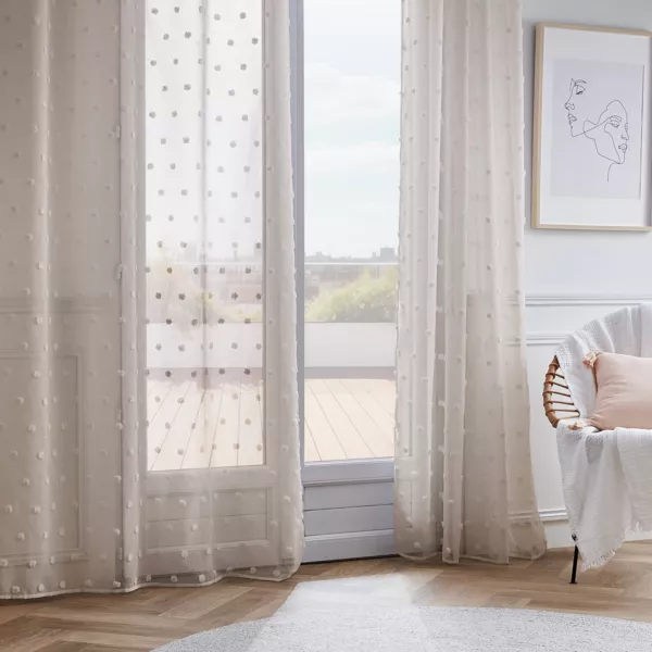 Tenda trasparente con occhielli pon pon (140 x 280 cm) Emie Beige