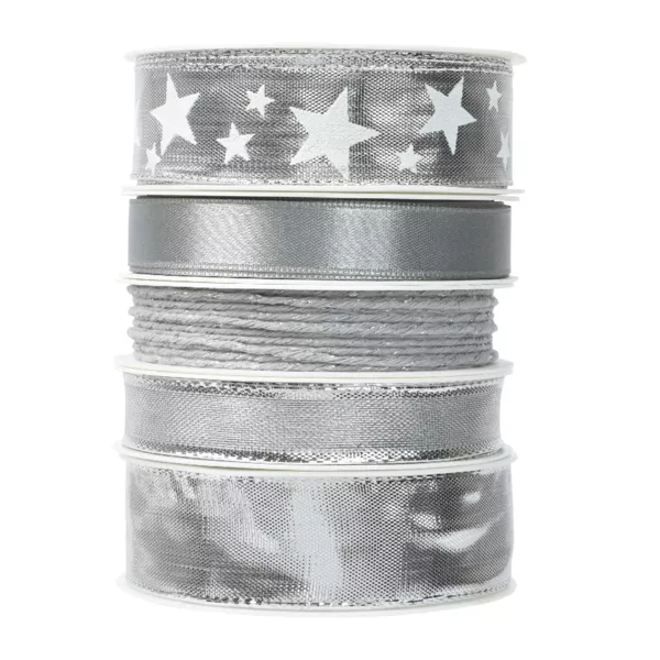 5er Set Geschenkband Weihnachten 3 m - Satin und Sterne Silber metallic
